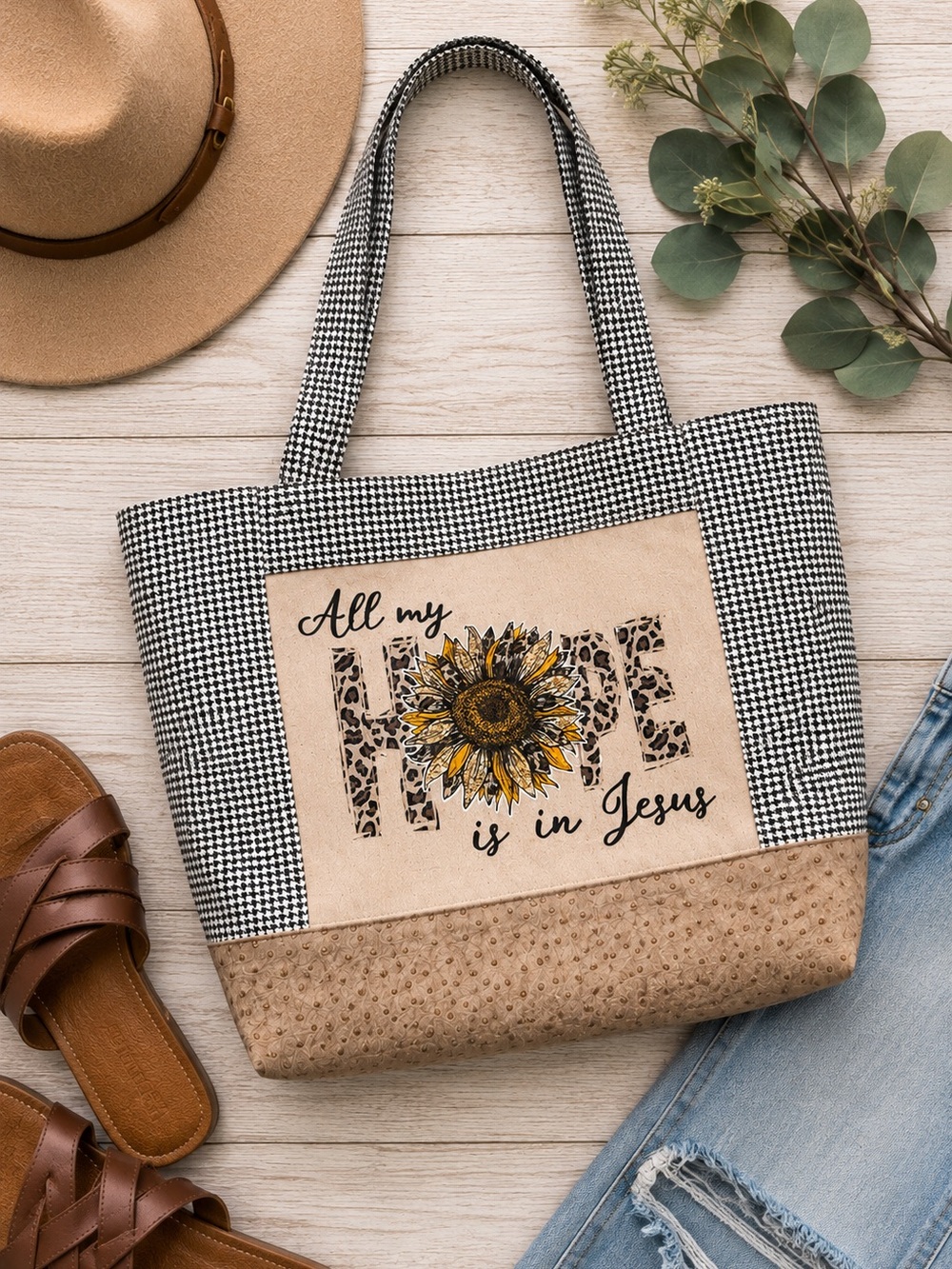 Handmade Christian Large Tote Bag – All My Hope Is in Jesus Houndstooth